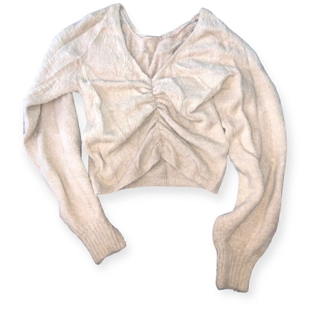 Hollister Women's Dark Tan Fuzzy Soft Knit Ruched Front Crop Sweater